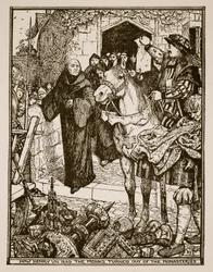 Jak Jindřich VIII. nechal mnichy vypudit z klášterů, ilustrace z „Historie Anglie“ od C.R.L. Fletcher a Rudyard Kipling, 1911