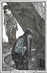 Znázornění kouzelníka Merlina a Fee Viviane (Merlin anc Vivien) Ilustrace Henry Justice (HJ) Ford (1860-1941) z „Knihy romantiky““ 1902 Collection privee