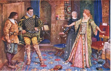 Hraběnka z Leicesteru trhá dopis svému manželovi v přítomnosti Varneyho a Fostera, ilustrace z Kenilworth, kolem roku 1910