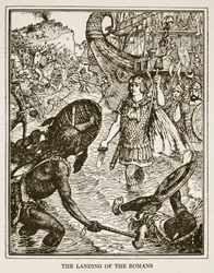 Vylodění Římanů, ilustrace z knihy "A History of England" od C.R.L. Fletchera a Rudyarda Kiplinga, 1911