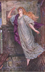 Smrt Amy Robsortové, hraběnky z Leicesteru, ilustrace z „Kenilworth“, kolem roku 1910 (barevné lito)