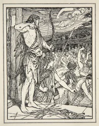 Ulysses střílí první šíp na Wooers, z „Tales of the Greek Seas“ od Andrew Langa