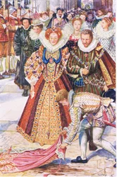 Walter Raleigh obětuje svůj plášť pro královnu Alžbětu, ilustrace z Kenilworth, kolem roku 1910