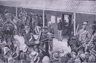 Koloniální posily pro Jižní Afriku: Nával žadatelů o zápis v Sydney, z After Pretoria: The Guerilla War vydané Harmsworth Brothers Limited, 1901