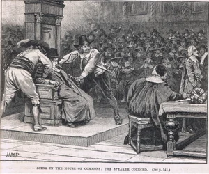 Scéna v Dolní sněmovně: řečník donucen 1630