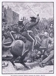 Peterlooský masakr: husaři útočící na lid, AD 1819