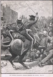 Masakr v Peterloo s husary útočícími na lid, ilustrace z Cassellových „Ilustrovaných dějin Anglie“, publikovaných kolem roku 1910