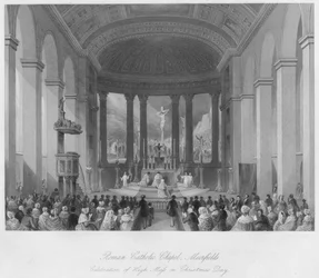 Římskokatolická kaple, Moorfields. Slavení slavnostní mše o Vánocích, kolem roku 1841