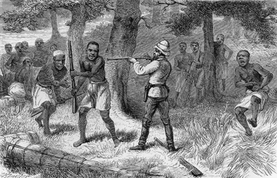 Domorodci vzbouřící se na březích řeky Gombe, Tanzanie, rytina z knihy Jak jsem našel Livingstone: cesty, dobrodružství a objevy ve střední Africe, Henry Morton Stanley (1841-1904), Sampson Low, Marston, Low a Searle edition, Londýn