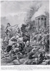 Boadicein útok na Camulodunum, ilustrace z "Hutchinson