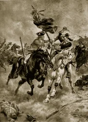 Bitva o Blenheim: Kavalérie v akci, ilustrace z „Hutchinsonova příběhu britského národa“, kolem roku 1923
