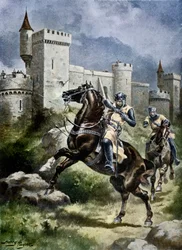 Obléhání Châlus, ilustrace z knihy „Hutchinsonovy dějiny britského národa“, kolem roku 1920 (pozdější kolorování)