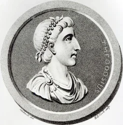 Portrét Theodosia, z „Dějiny úpadku a pádu Římské říše“, svazek 9, strana 139, Edward Gibbon, 1808