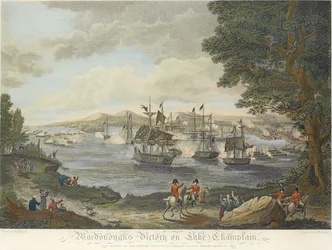 MacDonoughovo vítězství na jezeře Champlain a porážka britské armády u Plattsburgu Genlem Macombem, 11. září 1814, vyryto B. Tannem, 1816