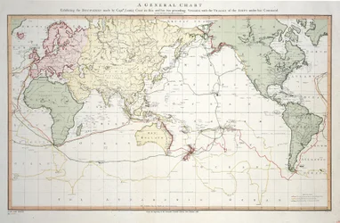 Generální mapa zobrazující objevy, které učinil kapitán James Cook během této a dvou předchozích plaveb, s vyznačením tras lodí pod jeho velením. Poručík Roberts z námořnictva Jeho Veličenstva