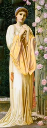 "A Fair Maid" Mladá žena oblečená v antickém stylu, s perlovým náhrdelníkem. Obraz Henryho Rylanda (1856-1924) (pre-rafaelita) 1901 Soukromá sbírka