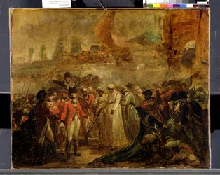 Kapitulace dvou synů Tipu Sahiba (1749-99), sultána z Mysore, siru Davidu Bairdovi, kolem roku 1800 (olej na plátně)
