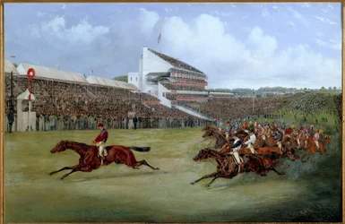 Koňské dostihy: "" Gladiátor dorazil v roce 1865"" Obraz Henriho Alkena (1774-1850) 1865 Paříž. Povzbuzení společnosti