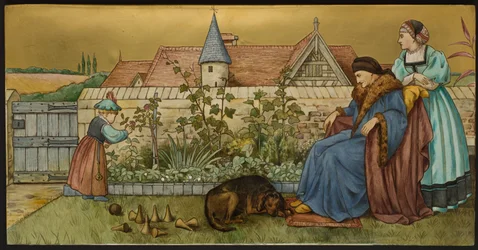 Sans Everything, plaketa zobrazující ilustraci ze Shakespeares Seven Ages, Minton ware, Staffordshire, 1874 (smaltované hliněné nádobí)