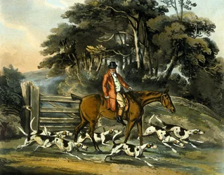 Going Out, z „Lovu na lišku“, vyryl Thomas Sutherland (1785-1838) 1817 (barevně lito)
