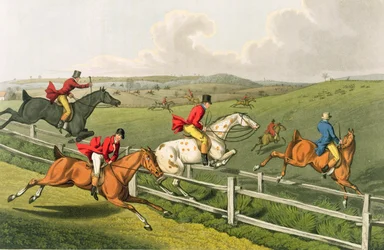 Lov na lišku, akvatinovaný I. Clarkem, hospoda. Thomas McLean, 1820 (akvatinta)