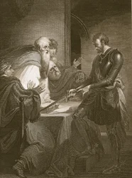 Hrabě Warenne zdůvodňuje vlastnictví svých statků, vyryl J. Fittler, ilustrace z knihy Davida Huma "The History of England", vydal R. Bowyer, Londýn, 1812.