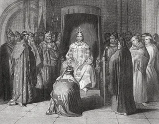 Král Richard II. pasoval krále Connaught, Ulster, Thomond a Leinster na rytíře v roce 1394, „Historie Irska“ od Thomase Wrighta, vydaná kolem roku 1854