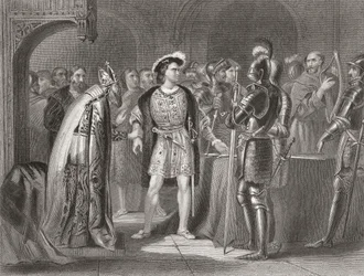 Lord Thomas Fitzgerald se v roce 1534 vzdává své věrnosti Jindřichu VIII., z „Dějiny Irska“ od Thomase Wrighta, vydané kolem roku 1854