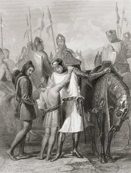 Richard, hrabě z Pembroke, rozlučující se se svým bratrem před odjezdem do Irska v roce 1169, z „Dějiny Irska“ od Thomase Wrighta, vydané kolem roku 1854
