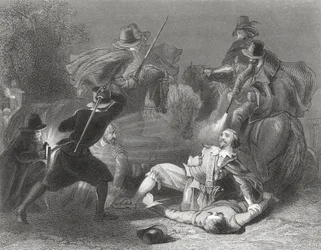 Vražda lorda Kilwardena rebely Roberta Emmeta v Dublinu, Irsko, 1803, z „Dějiny Irska“ od Thomase Wrighta, publikované kolem roku 1854