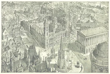 Pohled na Birmingham z ptačí perspektivy v roce 1886.