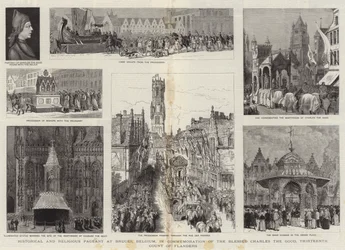 Historická a náboženská přehlídka v Bruggách, Belgie, na památku blahoslaveného Karla Dobrého, třináctého hraběte z Flander