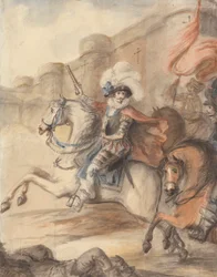 Důstojník kavalérie (Henry IV) vedoucí útok mimo hrad