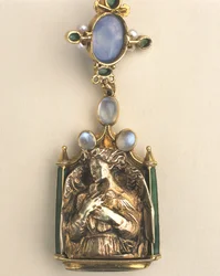 Detail oboustranného přívěsku, cca 1907-10 (kombinovaná technika)