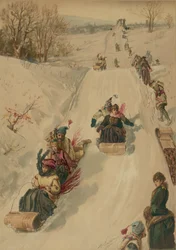 Sáňkování, L. Prang and Co., 1886 (akvatinta)