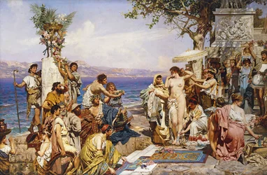 Phryne na festivalu Poseidona, boha moří,