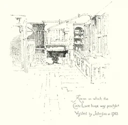 Místnost, ve které se praktikoval podvod Cock-Lane Ghost, navštívil Dr John v roce 1762 (litho)
