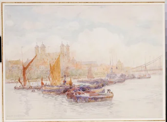 Tower of London z Temže s lodní dopravou v popředí