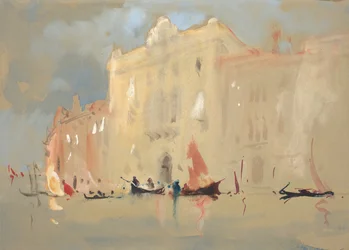 Gondoly před palácem na Canal Grande v Benátkách.