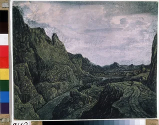 Skalnaté údolí se silnicí. Kresba Hercules Pietersz Seghers (nebo Segers