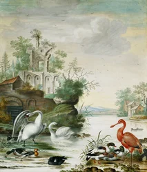 Labutě, kolpík, kachna divoká, Wigeon a další kachny na řece pod zříceninou, 1694