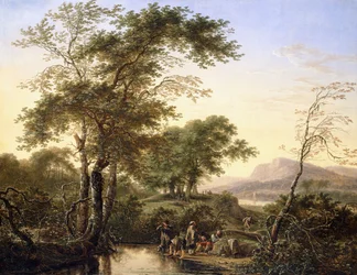 Rozsáhlá italská říční krajina s cestovateli u bazénu, 1646