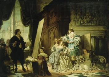 Van Dyck ve svém studiu maluje portrét Charlese, prince z Walesu, syna Karla I., 1876
