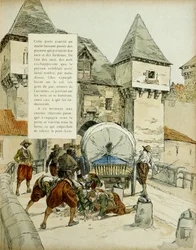 Amiens překvapení. Španělé použili trik k dobytí města Amiens, 11. března 1597 tím, že zablokovali brány vozíkem. Ilustrace, 1907, Hermann Vogel