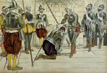 Karel II. z Cosse Brissac (Cosse-Brissac) (1562-1621 nebo 1626) učinil marechal Francie Jindřichem IV. (1553-1610) před vjezdem do Paříže 22. března 1594. Předseda obchodníků Jean Lhuillier (?) stojící vedle drží klíče od města. Ilustrace 1907