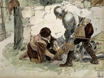 Henri IV (1553-1610) zraněný během průzkumu v Aumale proti armádě Mayenne. Ilustrace Hermann Vogel (1856-1918) v „“ Henri IV““