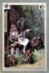Dětské a domácí pohádky (Příběhy dětství a domova) (1812): pohádky bratří Grimmů. Obálka Hermanna Vogela z roku 1894 zobrazující Sněhurku a sedm trpaslíků.