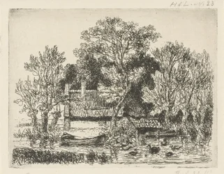 Výhled na řeku s člunem a kachnami