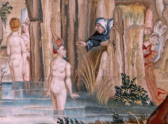 Vlámský gobelín. Série Čtyři gobelíny podle Hieronyma Bosche. Svatý Antonín v modlitbě (San Antonio en oración). Druhá tapisérie v sérii. Model Inspirován dílem Hieronyma Bosche. Výroba neznámá dílna, Brusel. Před rokem 1560. Fabric Go