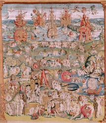 Vlámský gobelín. Série Čtyři gobelíny podle Hieronyma Bosche. Zahrada pozemských rozkoší (Jardín de las Delicias). Čtvrtá tapisérie v sérii. Model Inspirován dílem Hieronyma Bosche. Výroba neznámá dílna, Brusel. Před 1560. Fa